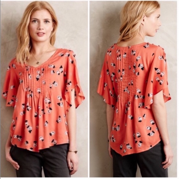 Anthro Maeve Coral Floral Flutter Pin-tuck Blouse Top - Picture 2 of 10